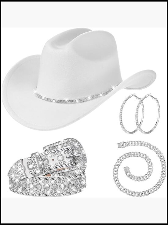 Accessories - Rhinestone Cowboy Hat Belt Earrings Necklace Kit Western Outfit Accessories Set